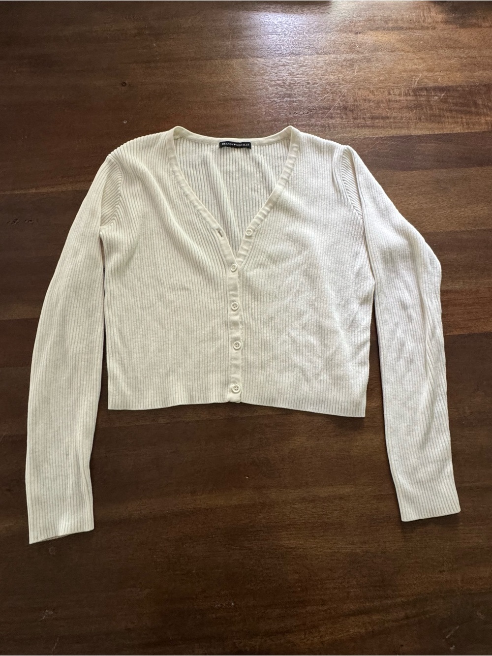 Brandy Melville Cropped Cream Ribbed V-Neck Button-Front Cardigan One Size